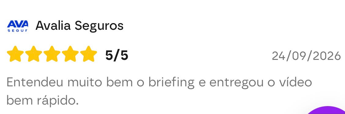 Avaliação da Avalia Seguros elogiando a compreensão do briefing e a rapidez na entrega