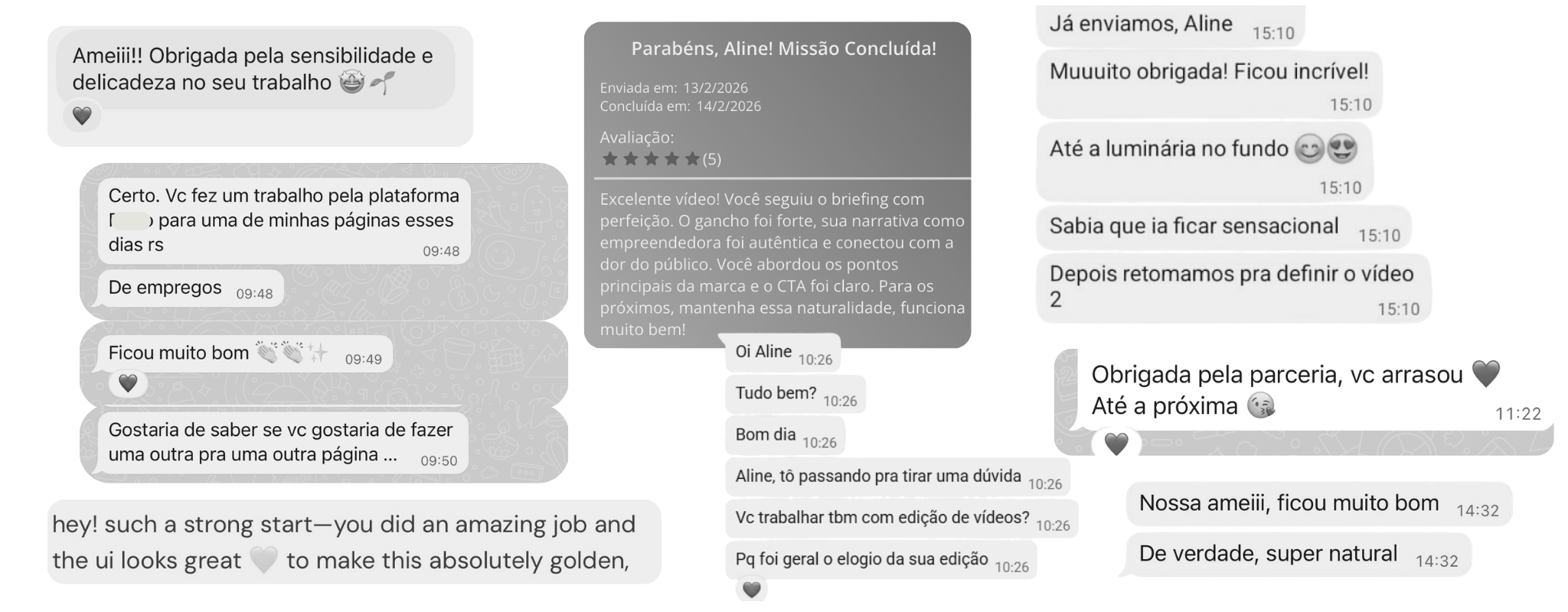 Mensagens e avaliações recebidas por Aline após projetos de conteúdo